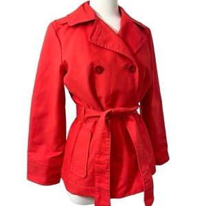 LL Bean Trench Jacket Double Breasted Peacoat Red Belted 100% Cotton MEDIUM